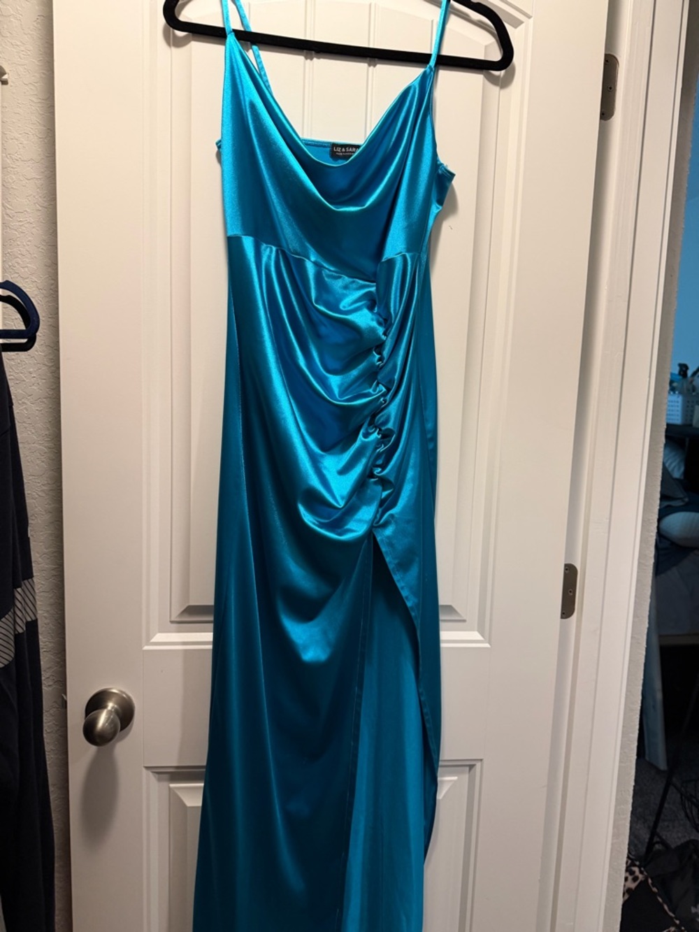 Satin Cowl-Neck Ruched Slip Dress in Teal